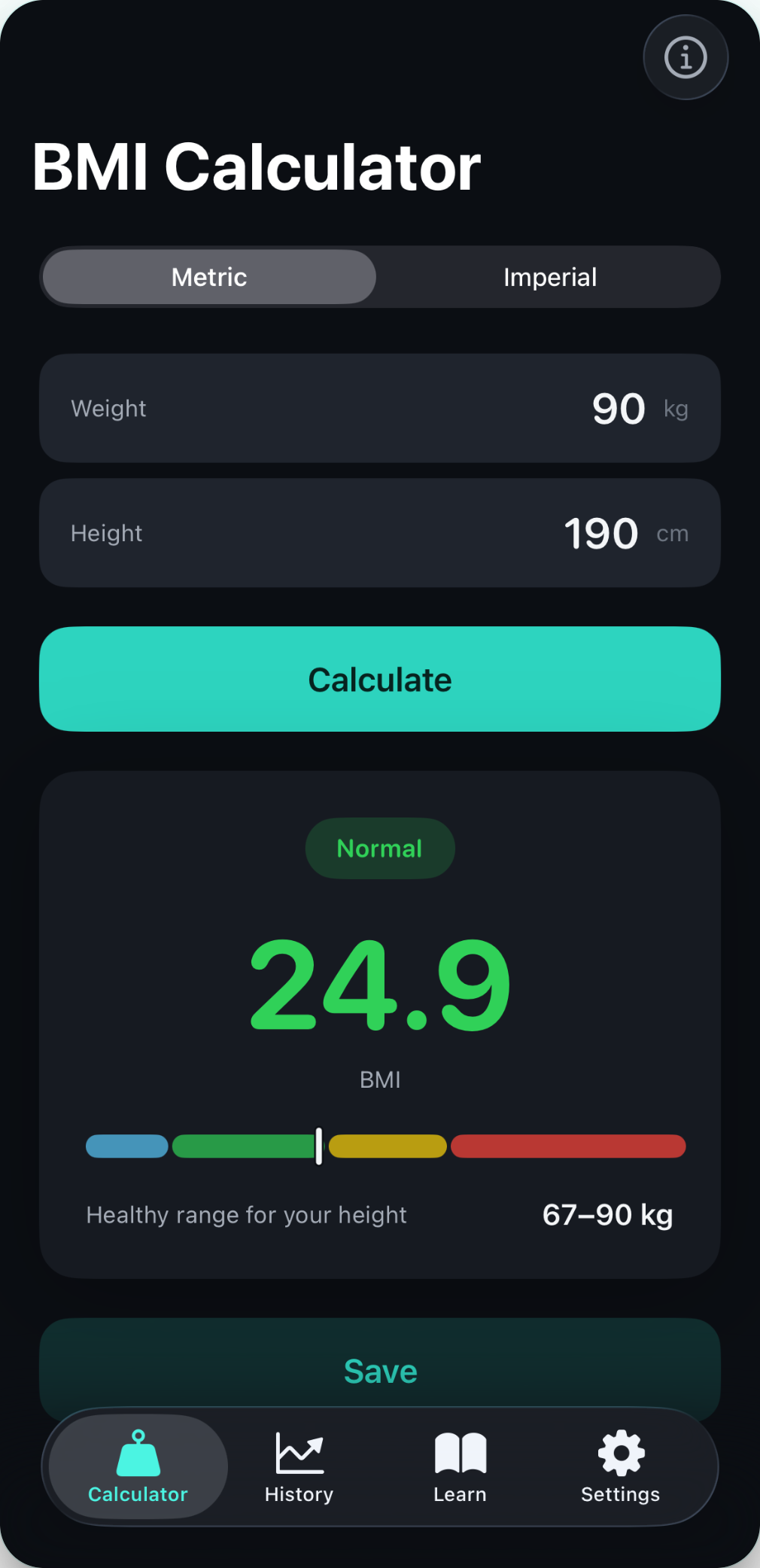 BMI Tracker calculator screen showing an instant BMI result