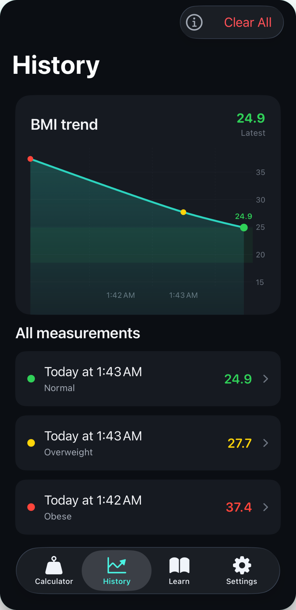 BMI Tracker history screen with a trend chart of past measurements