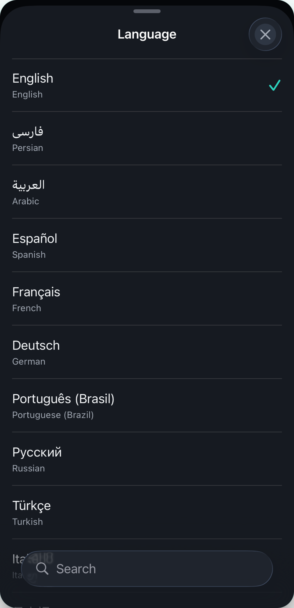 BMI Tracker language picker showing the supported languages