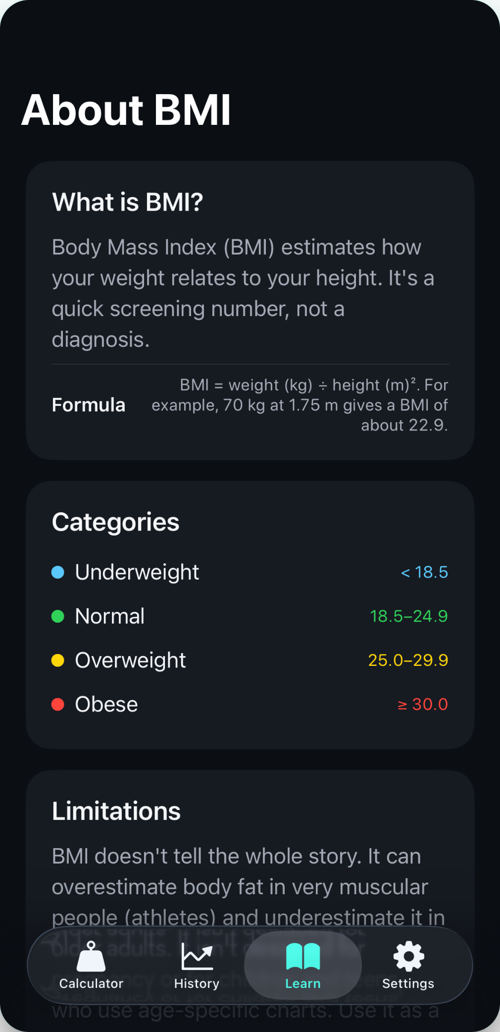 BMI Tracker Learn screen explaining what BMI is and its categories