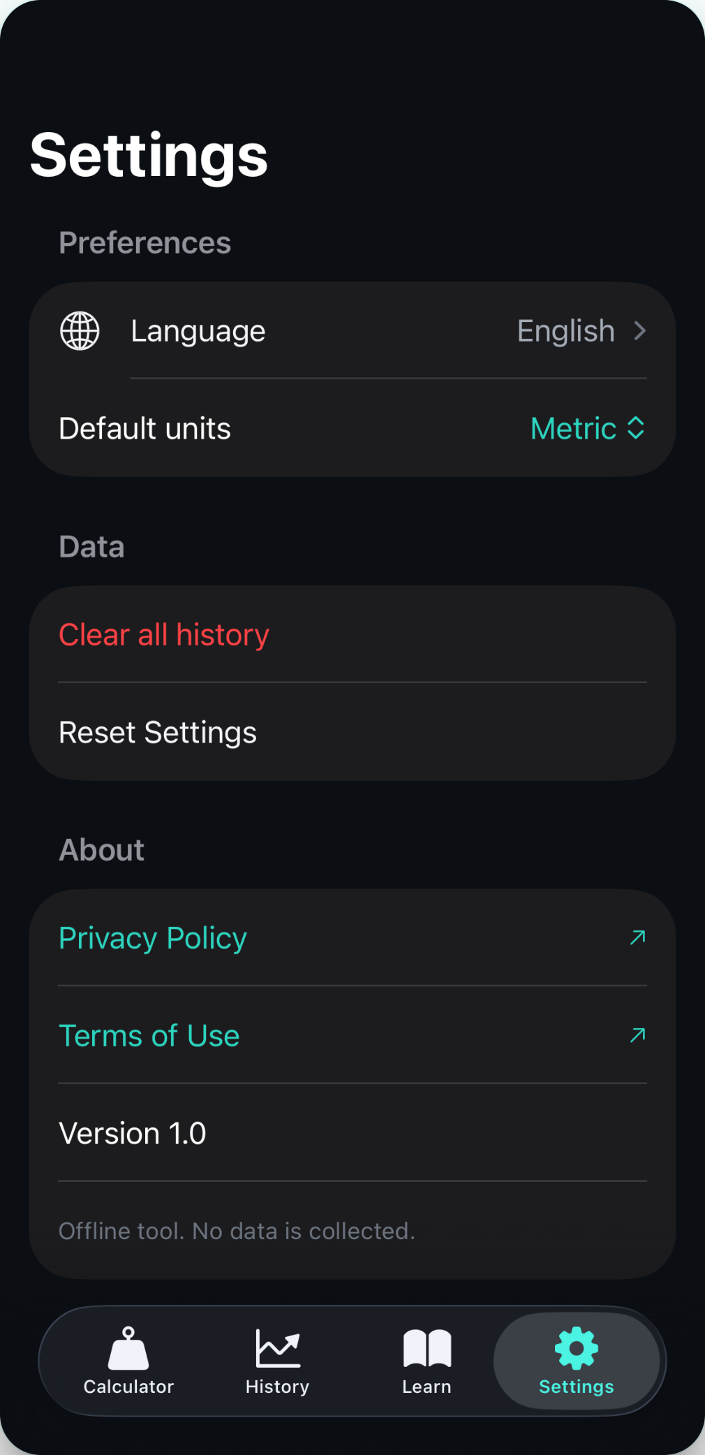 BMI Tracker settings screen with language and default-units options