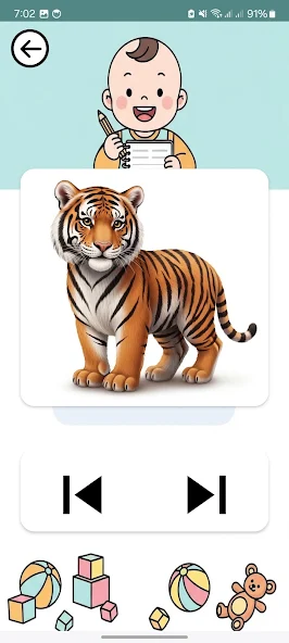 Happy Kids Learning animals screen showing a tiger flashcard for learning animals
