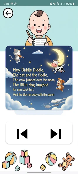 Happy Kids Learning nursery-rhyme screen showing an illustrated poem with audio playback controls