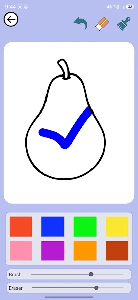 Little Color World colouring screen with a pear being filled in blue