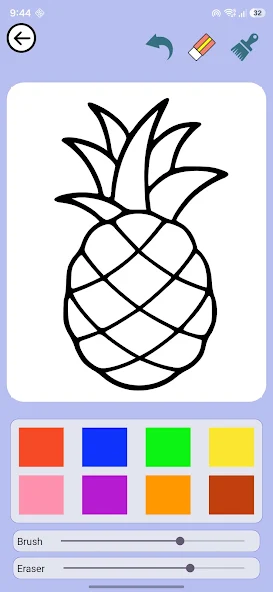 Little Color World colouring screen with a pineapple outline ready to colour