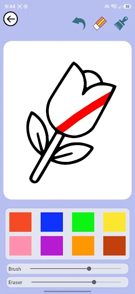 Little Color World colouring screen with a rose outline and a palette of bright colours